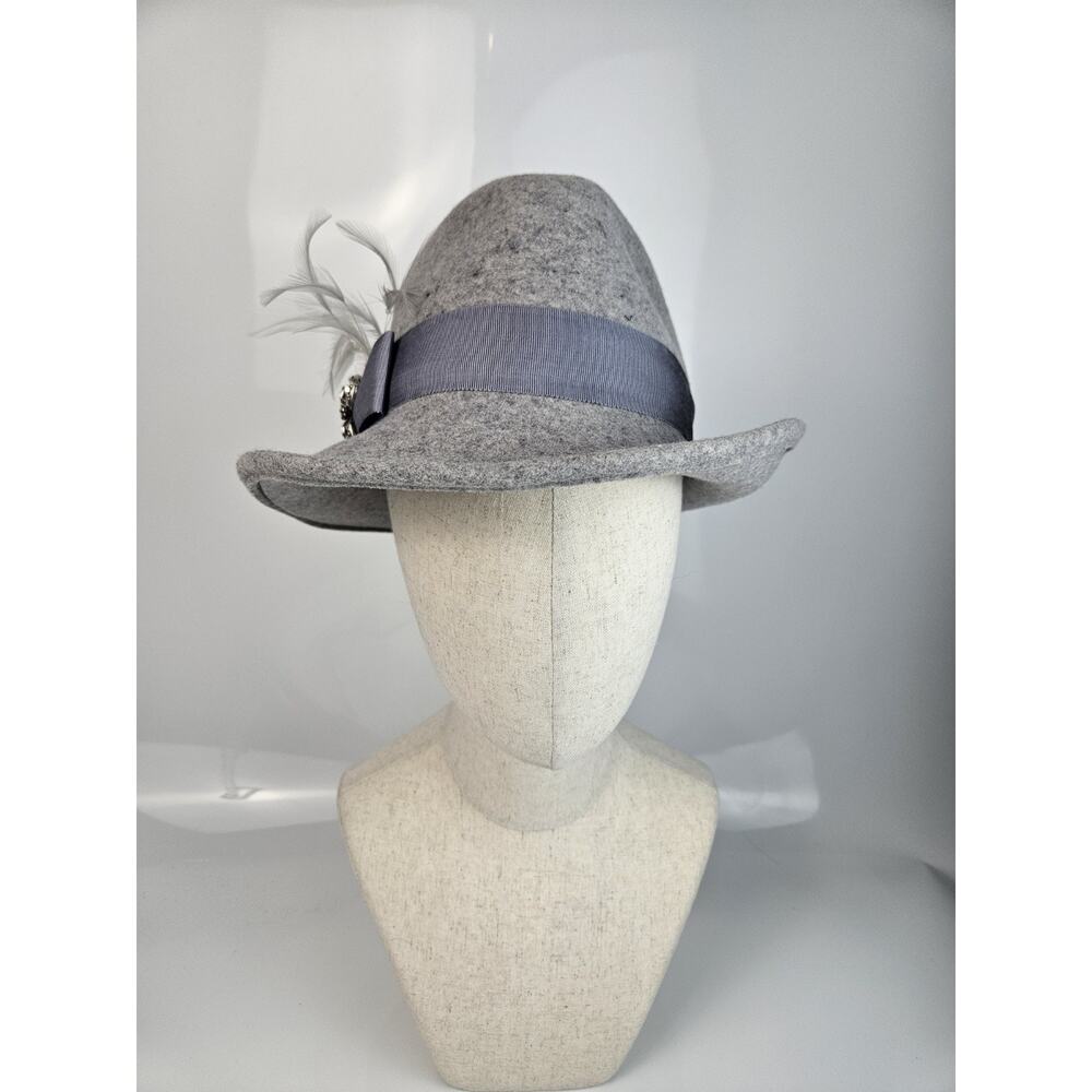 Uno Alla Volta Feather Grey‎ Wool Felt Fedora Hat EUC Made in USA